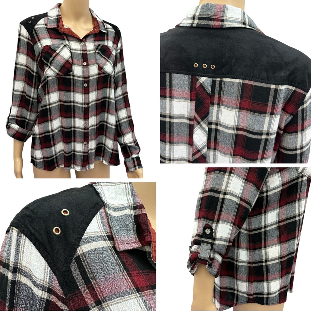 Westbound Plaid Sueded Yoke Long Button Tab Sleeve Shirt Womens Petite Large